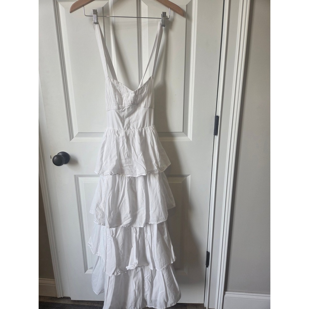 Abercrombie White Tiered Fairy Maxi Dress XS Tie Back Boho Cottagecore 100% Cott